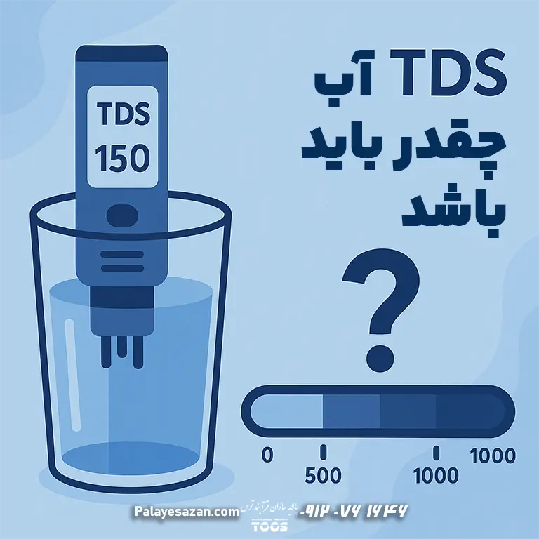 اینفوگرافیک دربارهٔ مقدار مناسب TDS آب (کل مواد جامد محلول) و نکات انتخاب بازهٔ مطلوب برای آشامیدن و مصارف خانگی
