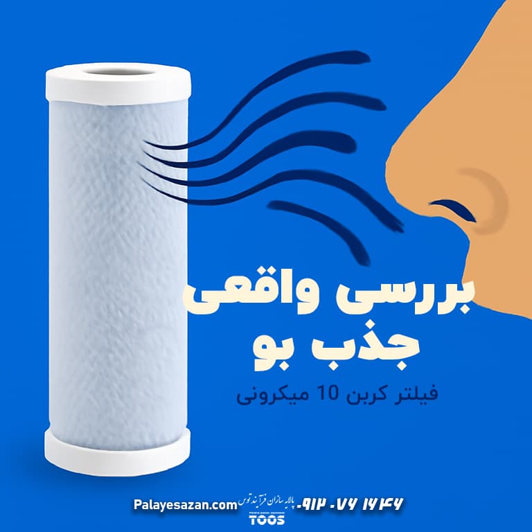 فیلتر کربن ۱۰ میکرونی در حال جذب بو با خطوط موجی نشان‌دهنده حرکت بو به سمت فیلتر