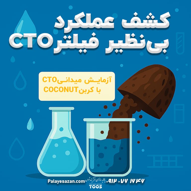 گرافیک مربع با رنگهای آبی و سبزآبی که ذرات کربن نارگیل را به آزمایشگاه آب تزریق میکند و متن فارسی «آزمایش میدانی فیلتر CTO با کربن COCONUT» را نمایش میدهد.