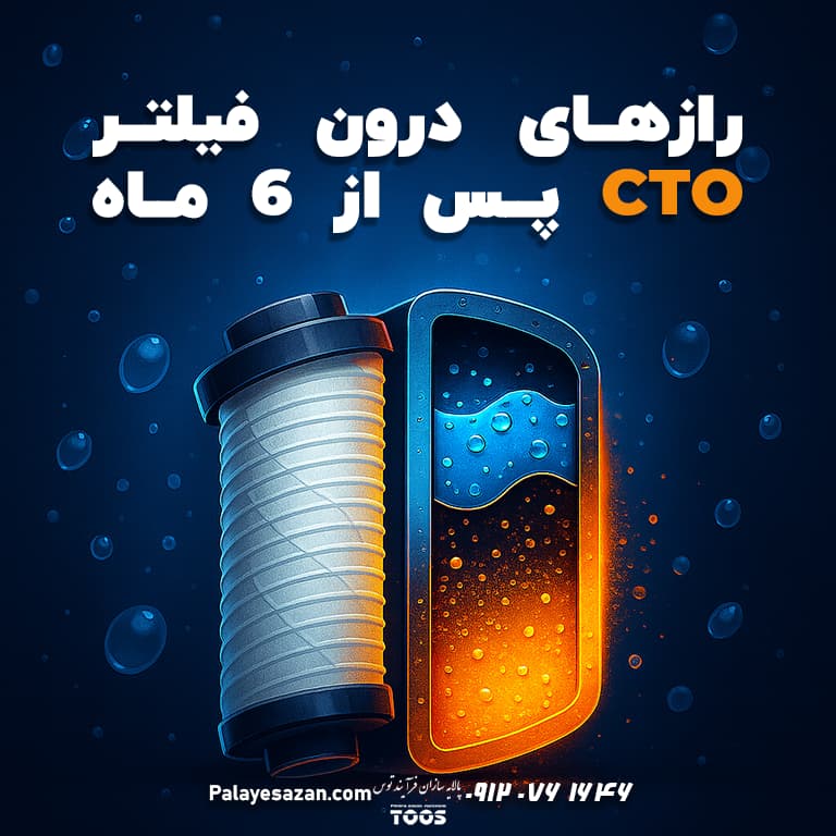 تصویر گرافیکی مقطع فیلتر CTO با لایه‌های داخلی پس از شش ماه استفاده و متن فارسی «رازهای درون فیلتر CTO پس از ۶ ماه»