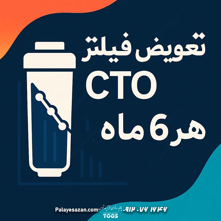 تصویر گرافیکی مربعی با نوشتهی «تعویض فیلتر CTO هر ۶ ماه؟» همراه آیکون فیلتر کربنی و نمودار کاهش عملکرد
