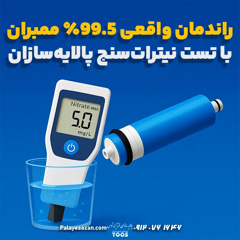 تصویر گرافیکی فیلتر ممبران و دستگاه نیترات‌سنج با نمایش راندمان واقعی ۹۹.۵٪ برای تصفیه آب پالایه‌سازان